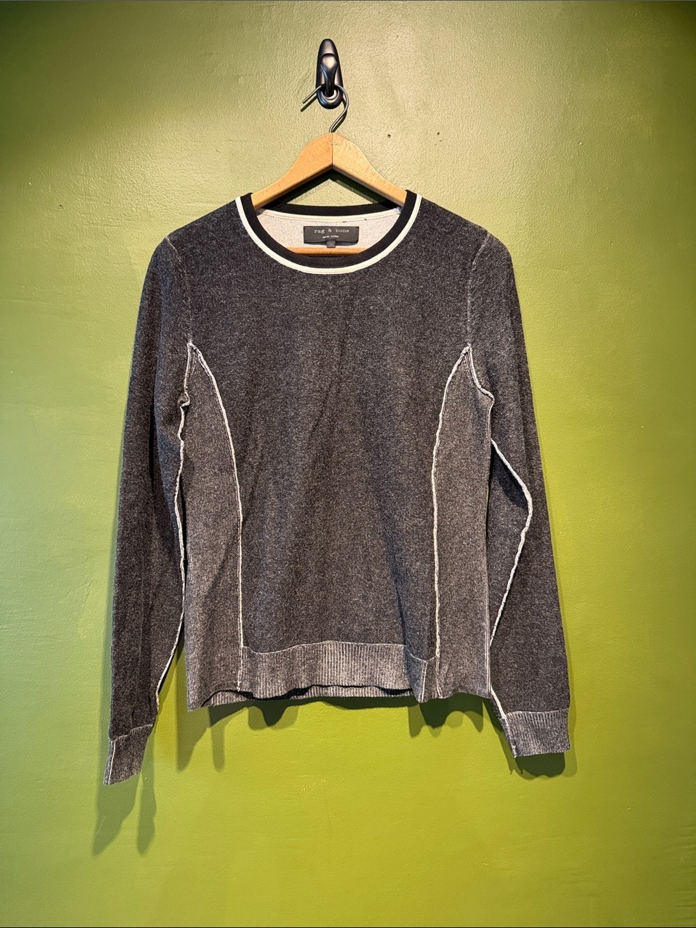 rag & bone Charcoal Crewneck Sweater with White Contrast Trim